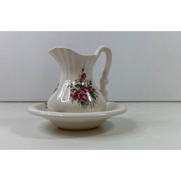 VB Athena Floral Ceramic Pitcher Basin Set Pink Rose Design Decor Vintage - Picture 1 of 11